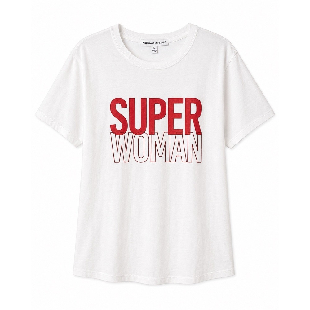 Rebecca Minkoff Tee L White‎ Super Woman Graphic Designer Cotton Casual Luxe